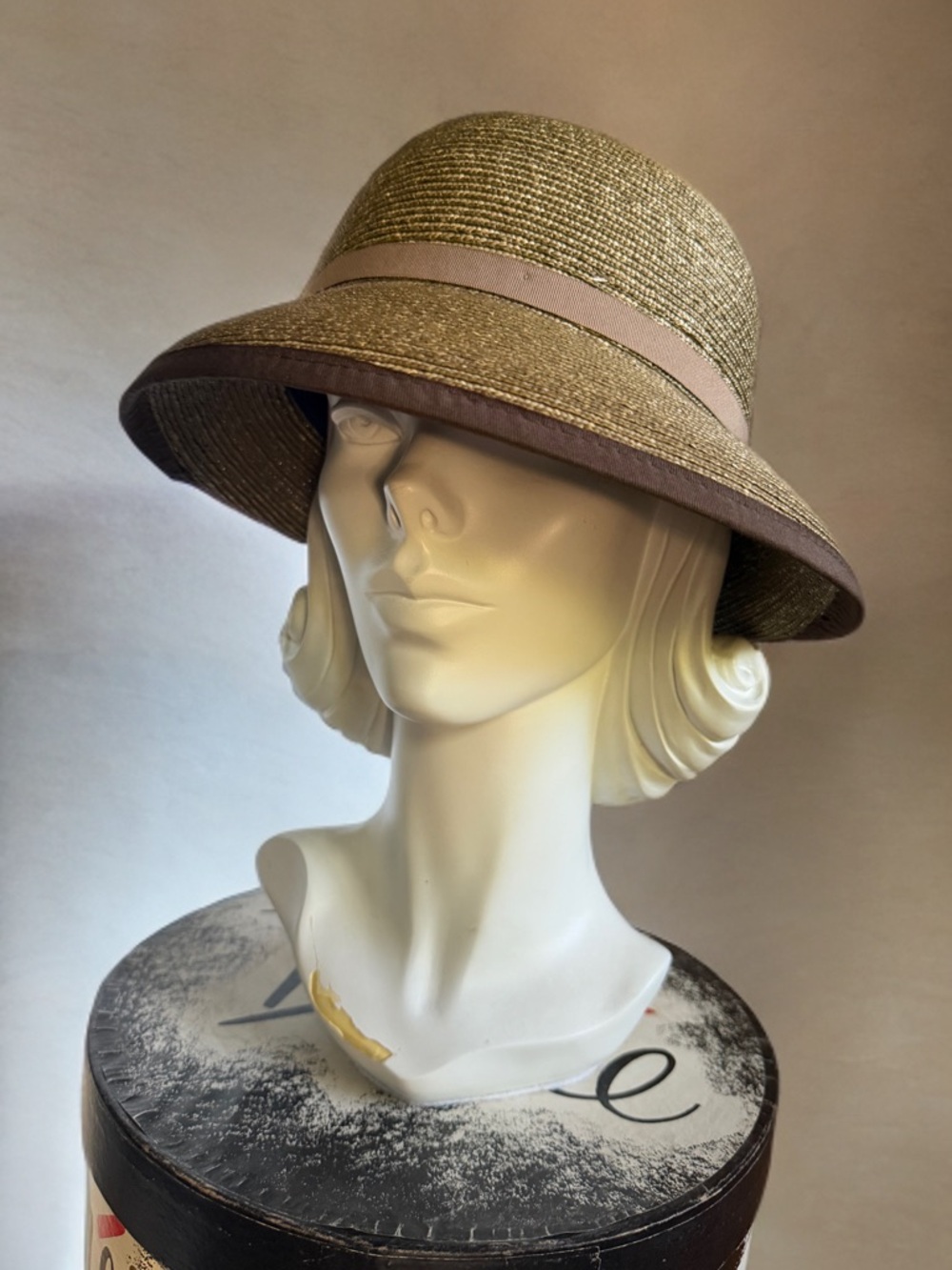 Goorin Bros Olive Green Straw Cloche Hat with TaupeTrim